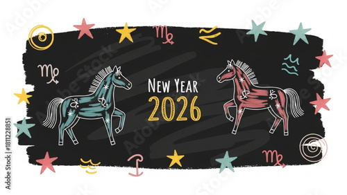 Happy New Year 2026 Greeting with Horses and Zodiac Symbols on Chalkboard