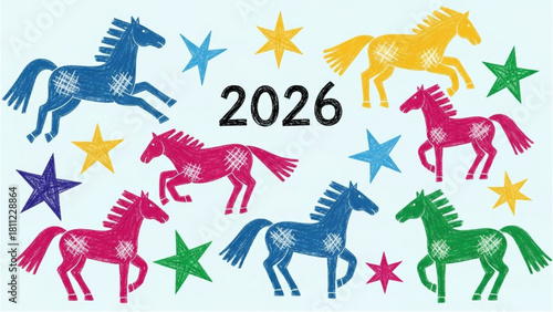 Year of the Horse 2026 Colorful Horses and Stars Illustration
