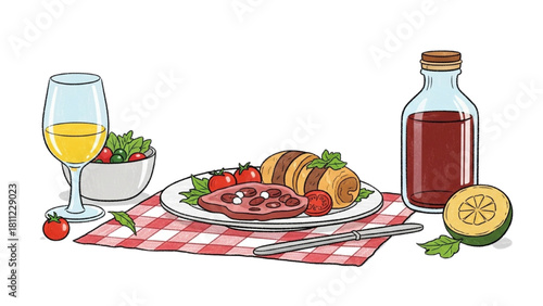 Delicious Food and Drink Spread with Fresh Ingredients and Wine