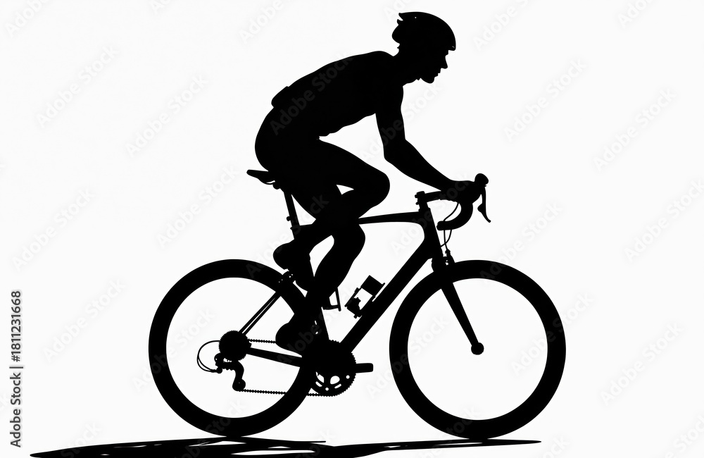 Naklejka premium Cyclist silhouette rides bike on white background. Biker wears helmet. Athlete trains for sport event. Person enjoys road cycling. Cardio, fitness, exercise, speed. Guy biking fast outdoor.