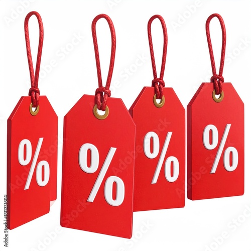Four red tags with percentage symbols, white background