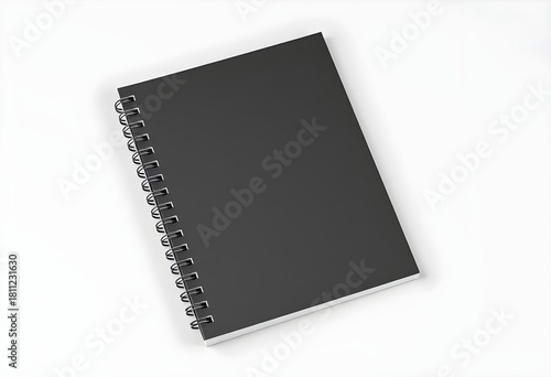 Dark grey spiral bound notebook mockup isolated on white background | Realistic black wire-o notepad template for branding design | Overhead view of closed journal with blank cover presentation | Prof