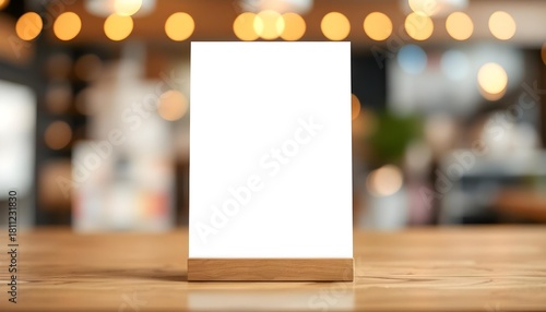 Wallpaper Mural Blank acrylic sign holder mock-up on wooden cafe table | Vertical clear plastic menu frame stand for restaurant promotion | Desktop tent card display template with blurred warm bokeh background | Empt Torontodigital.ca