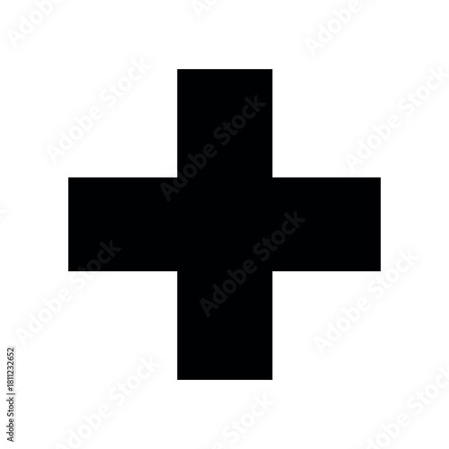A simple black cross shape isolated on a white background in a minimalist style graphic design art
