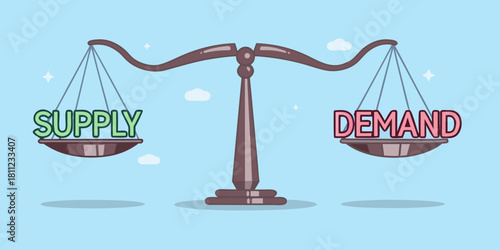 Supply and demand balance on scales in a cartoon style