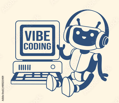 Joyful Ai robot coding with vibe in flow state with headphones
