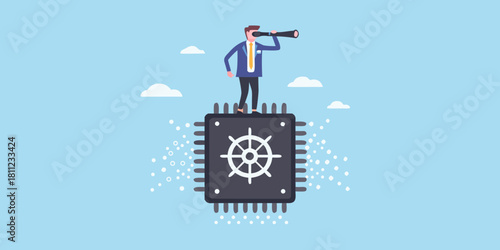 Businessman on kubernetes chip looking through spyglass for future opportunities
