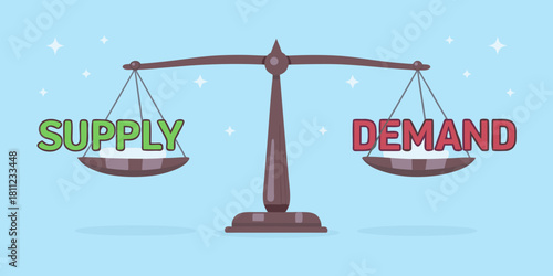 Supply and demand balance on scales economic concept illustration