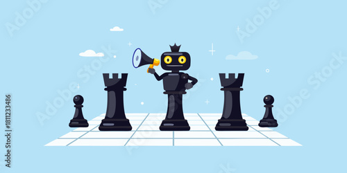 Robot king announcing strategy on chessboard with rook and pawn pieces