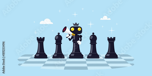 Robot chess king with megaphone leading the team on chessboard