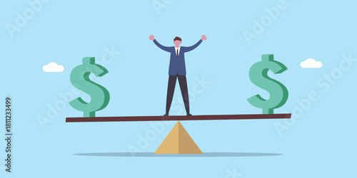Business balance man balancing on a seesaw with dollar signs