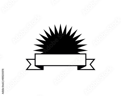 Black spiky sunburst shape with a white banner below it on a white background vector graphic silhouette