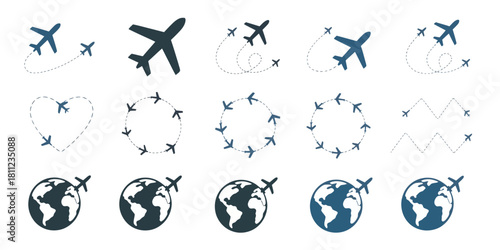 Illustration showing different flight paths of airplanes including heart shapes and around the world icons silhouette