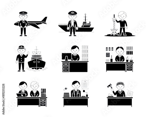 Illustration showcasing various professions including pilot, captain, engineer, and office workers in black and white silhouette