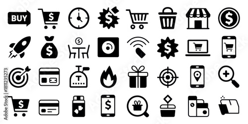 Collection of various e commerce and shopping related icons in black silhouette on a white background