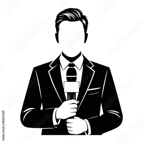 Illustration of a news reporter in a suit holding a microphone ready to deliver breaking information silhouette
