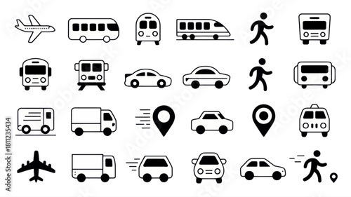 Collection of various transportation icons including cars buses trains planes and walking figures outlined in black silhouette