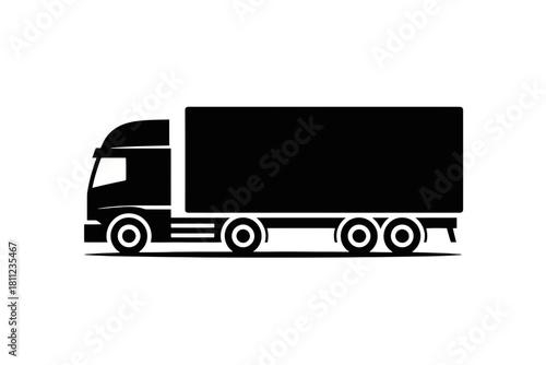 Silhouette of a semi truck with a trailer shown in black and white against a plain white background