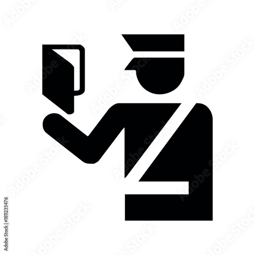 A black and white icon of a border patrol officer holding a passport or identification document up