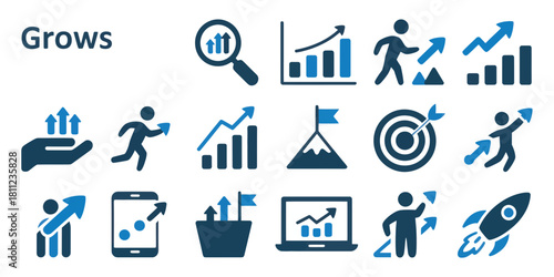 Illustration of business growth and success icons showing upward trends and achievements silhouette