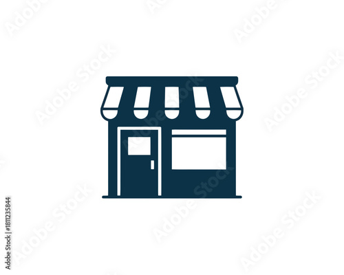 Illustration of a simple store front with awning and a door and window illustration of a shop silhouette