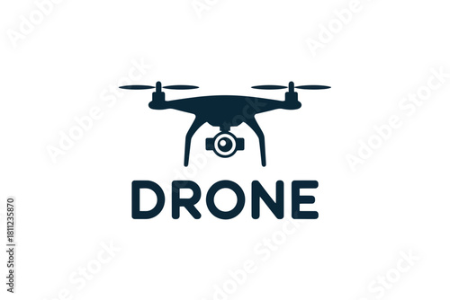 Illustration of a drone with propellers and a camera along with the word drone beneath it in bold font silhouette