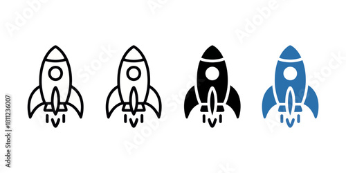 Illustration of four rocket ships in black and blue with exhaust plumes on a white background space travel silhouette