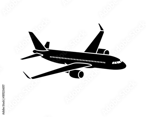 Silhouette of a modern passenger airplane with wings and tail in black and white simple design style