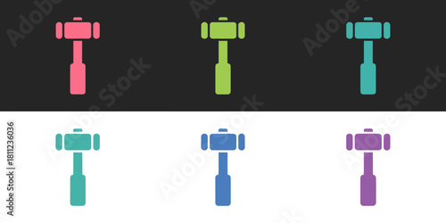 Illustration of six colorful mallets arranged in two rows against black and white backgrounds silhouette