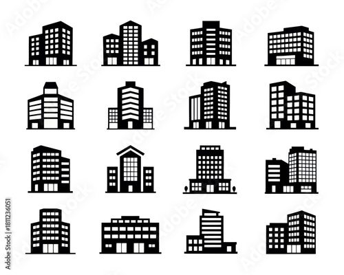 A collection of sixteen different black building silhouettes with varying designs and window arrangements