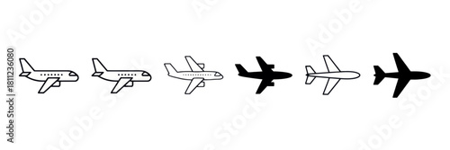 Collection of seven airplane icons in varying styles from outline to solid fill on a white background silhouette