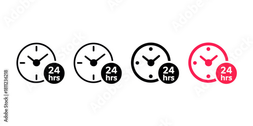 Illustration of four clock icons with twenty four hours text in black and red color on white background silhouette