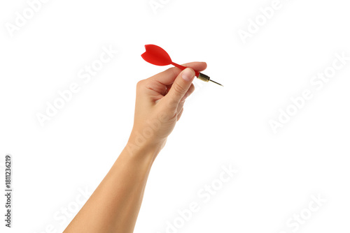 Bild auf Leinwand Hand grips a red dart ready for a game, isolated on white, PNG