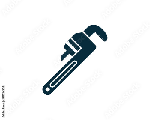 Illustration of a navy blue pipe wrench tool with a white background in a simple graphic style silhouette