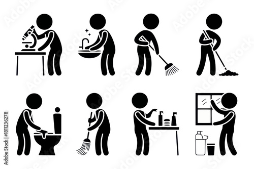 Stick figures performing various cleaning and hygiene tasks including washing and mopping and more silhouette