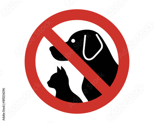 Red circle with a line through a dog and cat indicating no pets allowed with a white background image silhouette