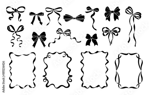 Set of black vector silhouettes of decorative bows and ribbon frames, featuring flowing ribbons and wavy borders, perfect for design, crafts, and elegant projects. Isolated on transparent background