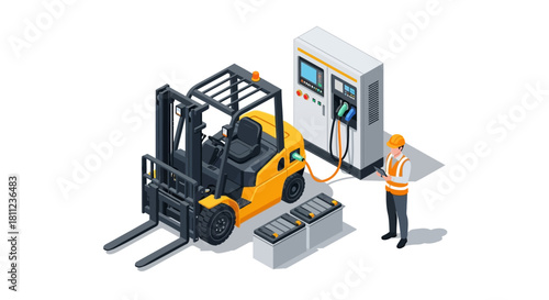 Illustration of a forklift charging at a refueling station, representing logistics and efficient energy solutions