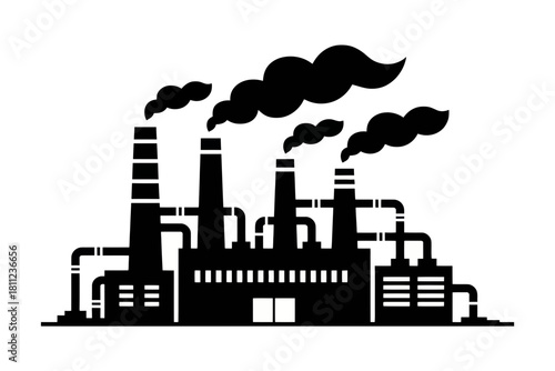 Illustration of factory power plant with smoke stacks pollution industry environment manufacturing silhouette graphic