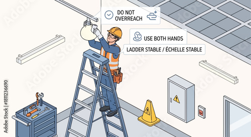 Electrical Safety Worker on Ladder Installing Light Fixture with Safety Instructions