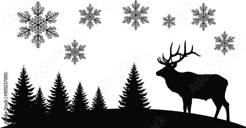 Silhouette of elk in winter forest, snowy pine trees, large snowflakes, Christmas nature scene, black vector illustration background.