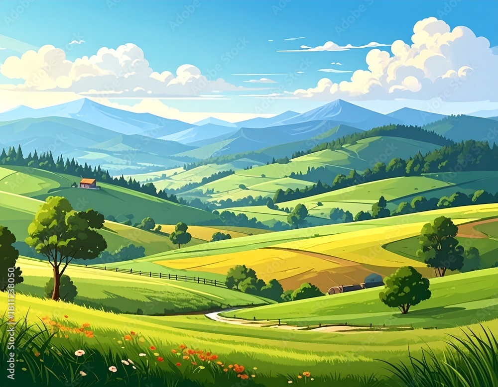 Fototapeta premium A rural landscape background of rolling hills and mountains. Fields, farm land and