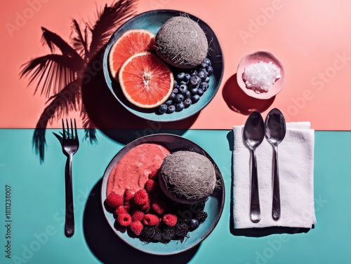 Vibrant flatlay featuring healthy acai bowls surrounded by fresh berries and citrus on a colorful backdrop.