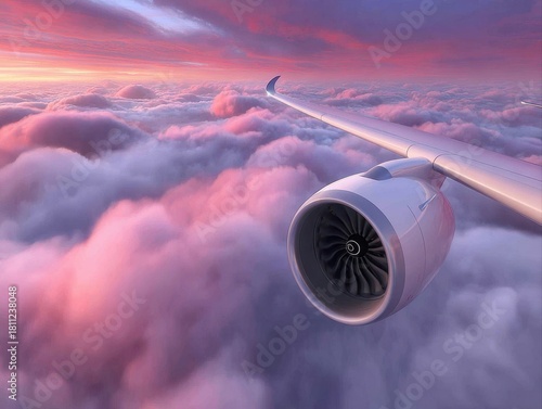 A plane ascends at dawn, revealing excited passengers and stunning tropical skies.