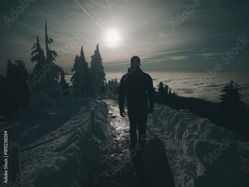 A solitary adventurer snowshoes along a winding mountain trail, surrounded by serene snowdrifts and soft, falling snowflakes.