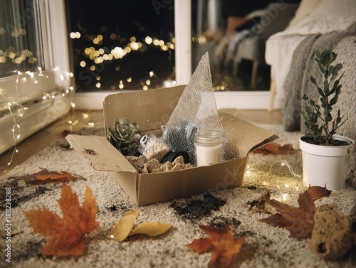 A cozy late-night scene unfolds as a surprise care package reveals treats and warmth under twinkling string lights.