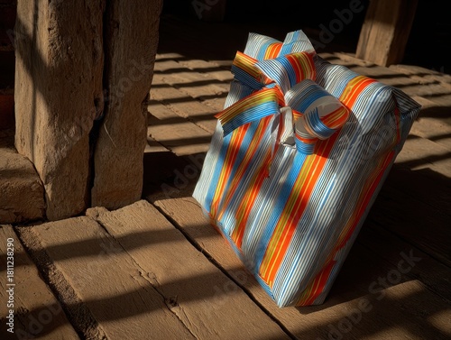 A vibrant gift-wrapped package basks in sunlight on a rustic porch, inviting curiosity and anticipation.
