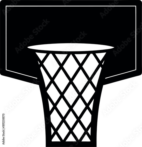 Minimalist black basketball hoop icon with net, representing sports, games, and athletic activities.