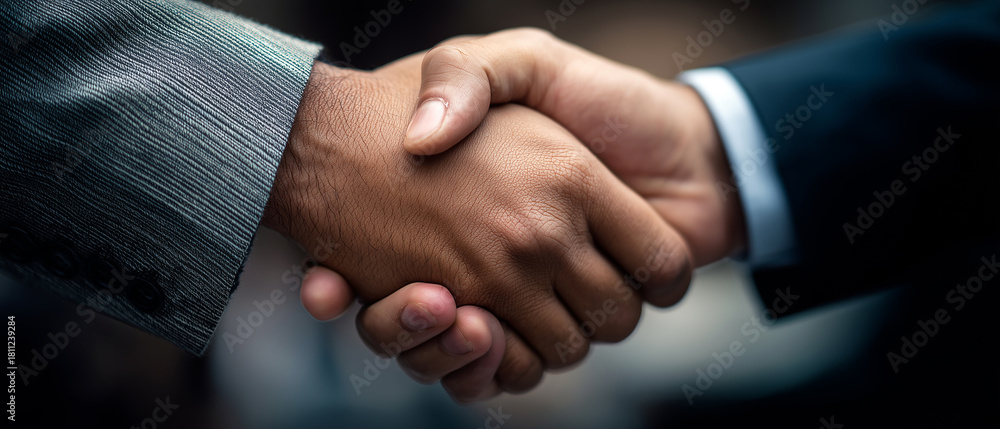 Obraz premium Executive hands locking in a successful agreement, clean table surface with contract sheets visible.