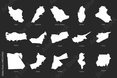 Middle East Country Maps Silhouette Set on Dark Background